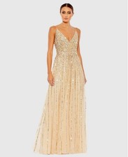NWT Mac Duggal Women’s Sequined Sleeveless Wrap Over A-Line Gown In Nude Size 6