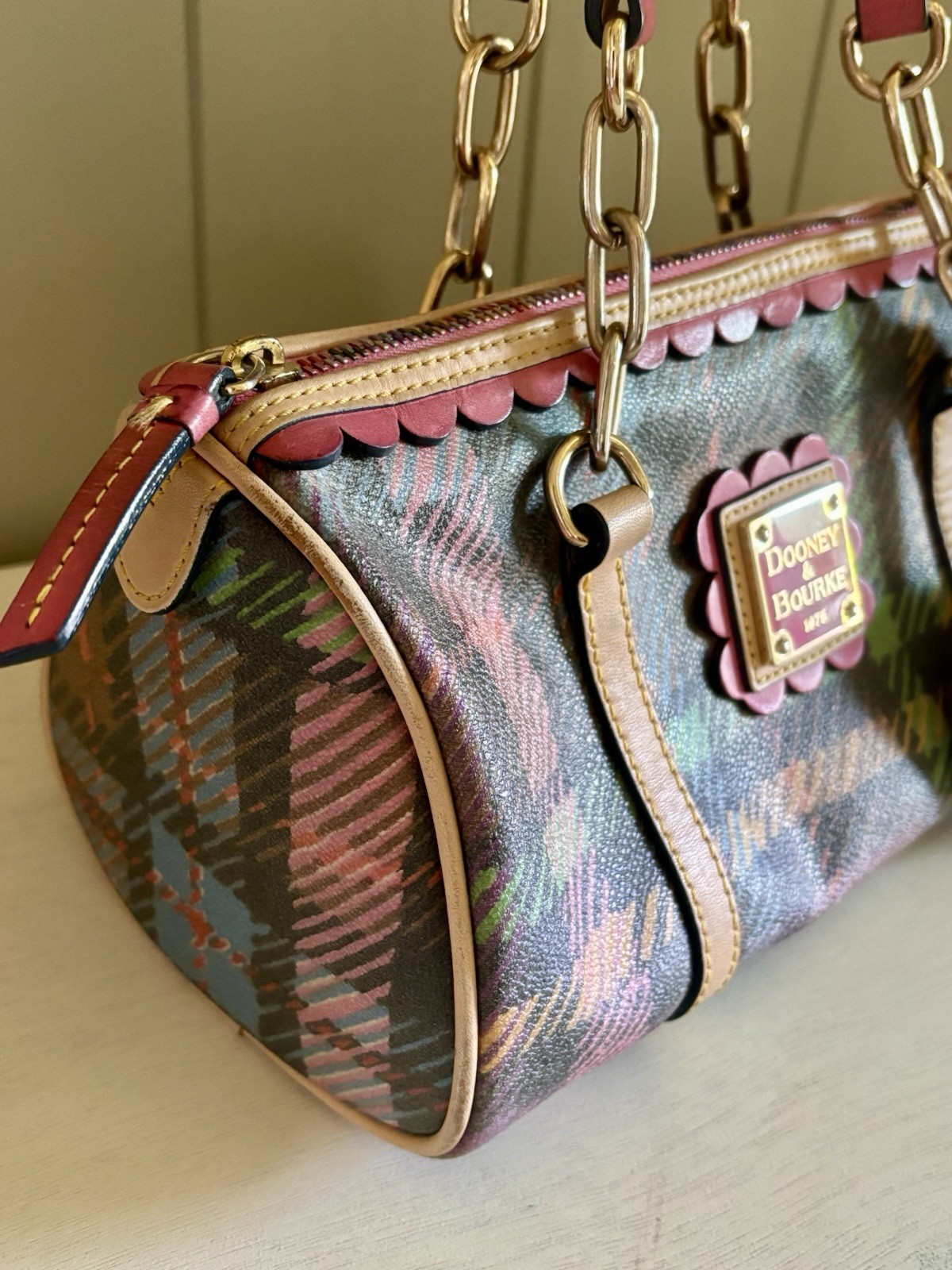 Dooney & Bourke Vintage Colorful Plaid Tartan Barrel Shoulder Bag Scallop Detail