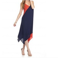 New! MADISON LEIGH Navy/Burnt Orange V-Neck Crepe Colorblock Hankie Hem Dress