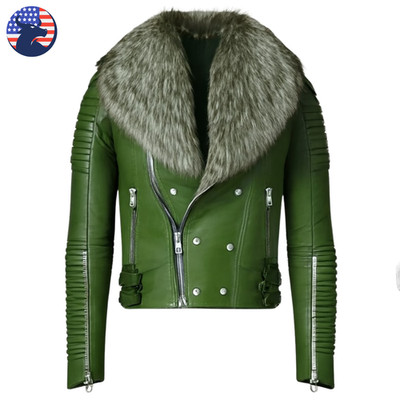Men s Genuine Green Sheepskin Fox Fur Leather Jacket Biker Motorcycle