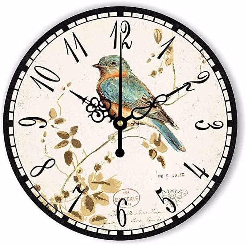 12" Retro Vintage Clock Bird French Country Tuscan Style Non-Ticking Silent Wood