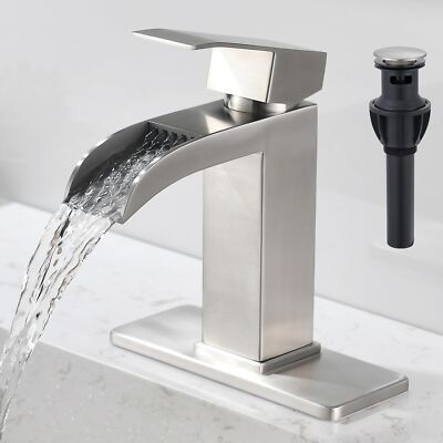 BRAVEBAR Brushed Nickel Waterfall Bathroom Faucet - Single Handle Sink Faucets