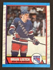 1989-90 Topps Brian Leetch Hockey Rookie Card (RC) #136 Rangers Defense VGEX O/C. rookie card picture