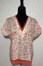 DKNY Blouse Short Sleeve Boxy Orange White Tie Dye Size Medium VNeck Artsy Indie