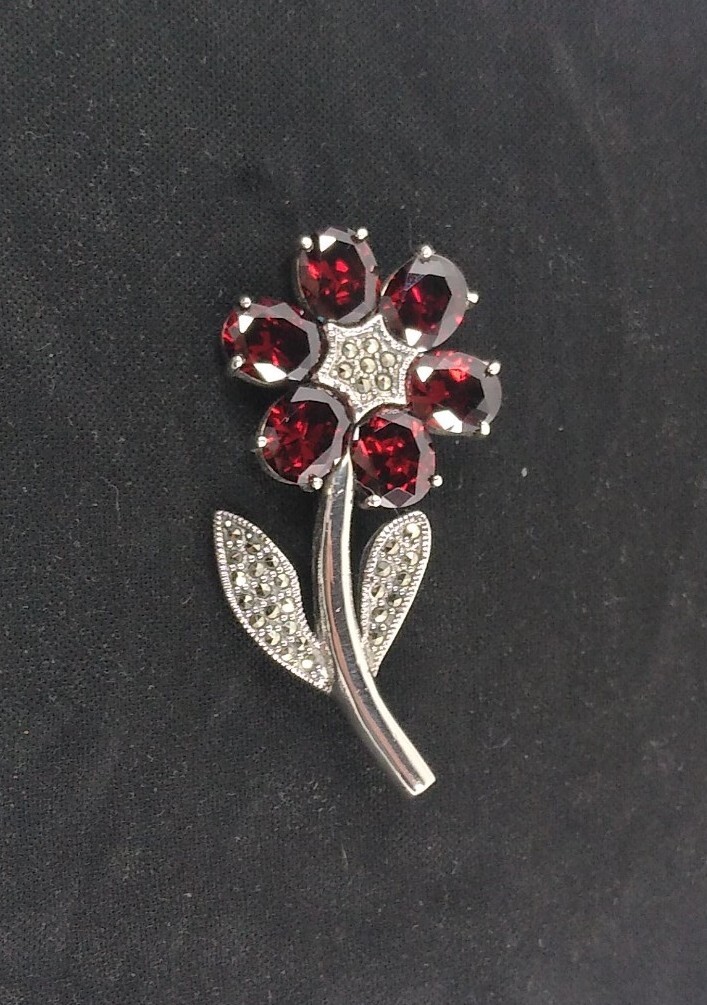 Vintage Sterling Silver Ruby Red Crystal Flower B… - image 2
