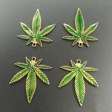Wholesale 10Pcs Gold Tone Green Enamel Cannabis Marijuana Leaf Charm Pendants