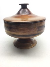 Vintage Hand Crafted Round Mixed Wood Footed Bowl With Lid
