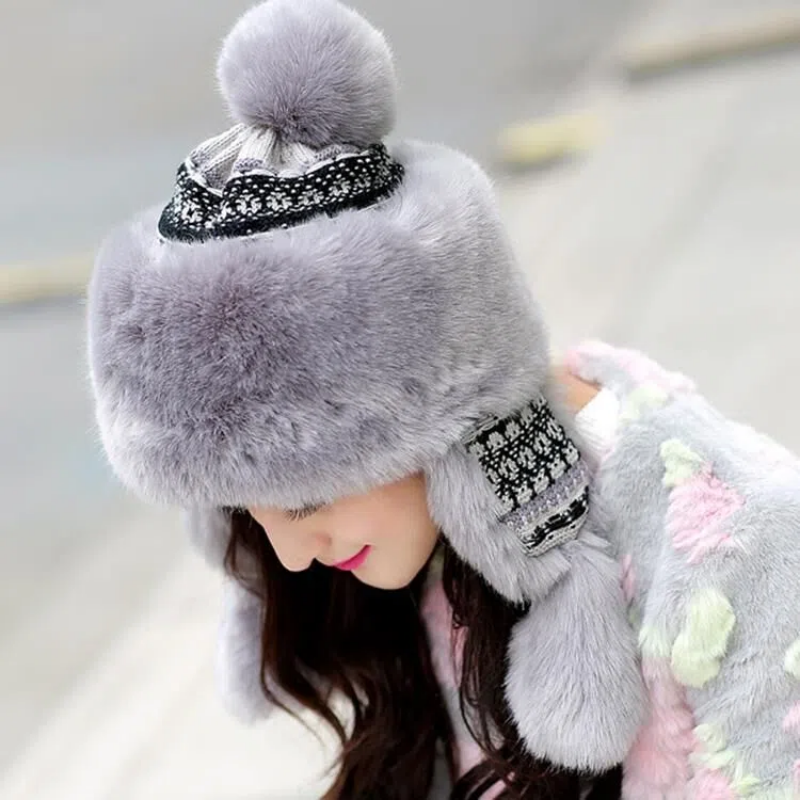 Women Knitted Faux Fur Beanie Hat Warm Ear Flaps Cap Russian