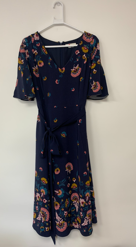 Boden Mid-Length Dress Tie V-Neck Short Sleeved Floral/Navy Size 14