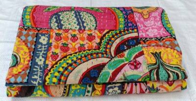 Kantha Quilt 100 % Baumwolle Queen Size indische Decke handgenäht Bohemian Qu...