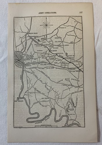 1865 book leaf map ~ RICHMOND, VA AND THE WHITE OAK SWAMP