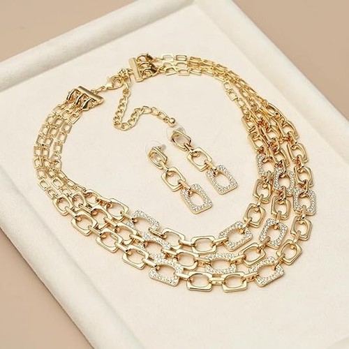 Gold & Strass kleines quadratisches Halskette & Ohrringe Modeschmuck Set, NEU - Bild 2 von 3