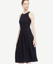Women’s Size 0 Ann Taylor Navy Blur Swirl Eyelet Midi Dress Pleated Waist