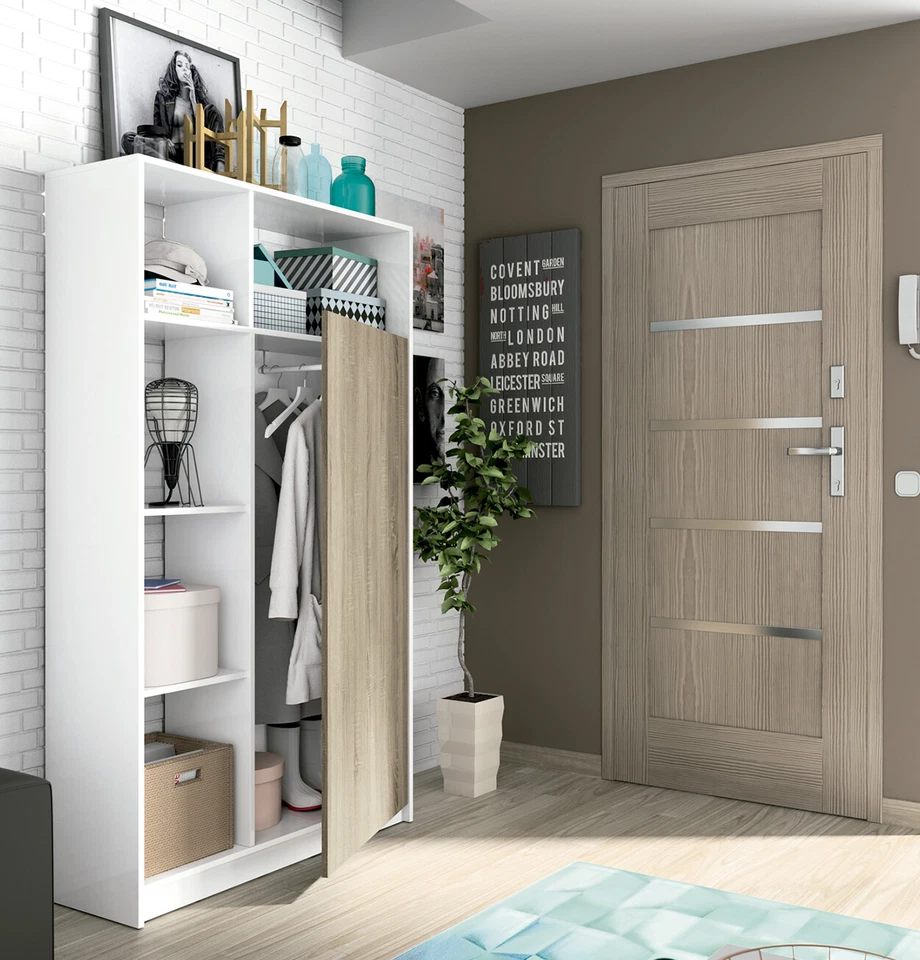 Armario Recibidor con Puerta Estantes y Perchero en Roble y Blanco 180x100x35 cm - Imagen 2 de 3