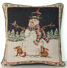 Winter- Snowman w/ Hat, Rabbits, Wild Birds, Holly Border Tapestry Pillow New