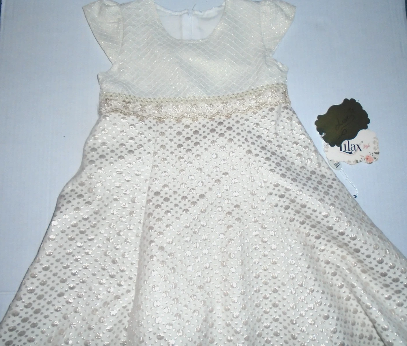 LILAX STYLE GIRLS GILTTER DRESS SIZE 7 EGG SHELL COLOR WITH GOLD GLITTER PRINT