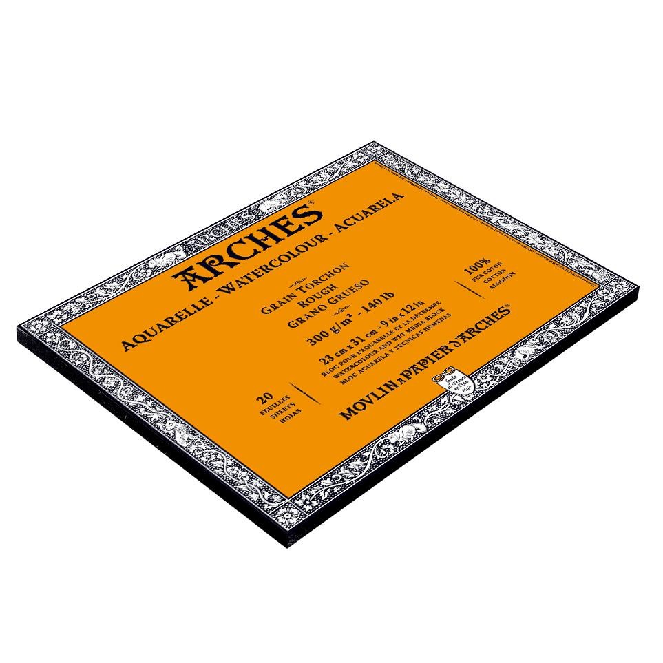 Arches bloc aquarelle 23x31 grain torchon 300g blanc naturel pour peinture coton 20 feuilles