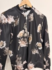 New Look Women's Black Floral Bomber Jacket Size UK 10 EU 38 Graphic Rose Satin