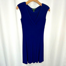 Lauren Ralph Lauren Fit & Flare Dress Blue V-Neck Knee Sleeveless Jersey 8