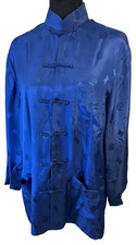 Royal Blue Brocade Mandarin Collar Jacket Satin Coat Frog Closure 3 Pocket Lined