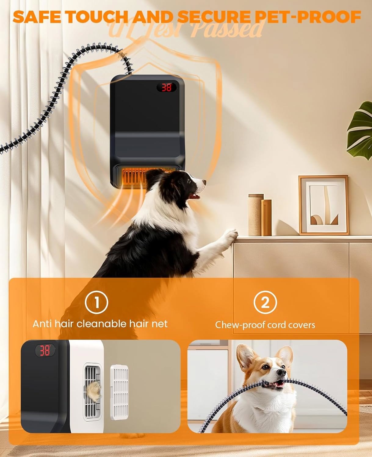 Thermostatic Dog Heater Pet House Wall-Mounted Warmer W/ Anti-Bite Wires 600W