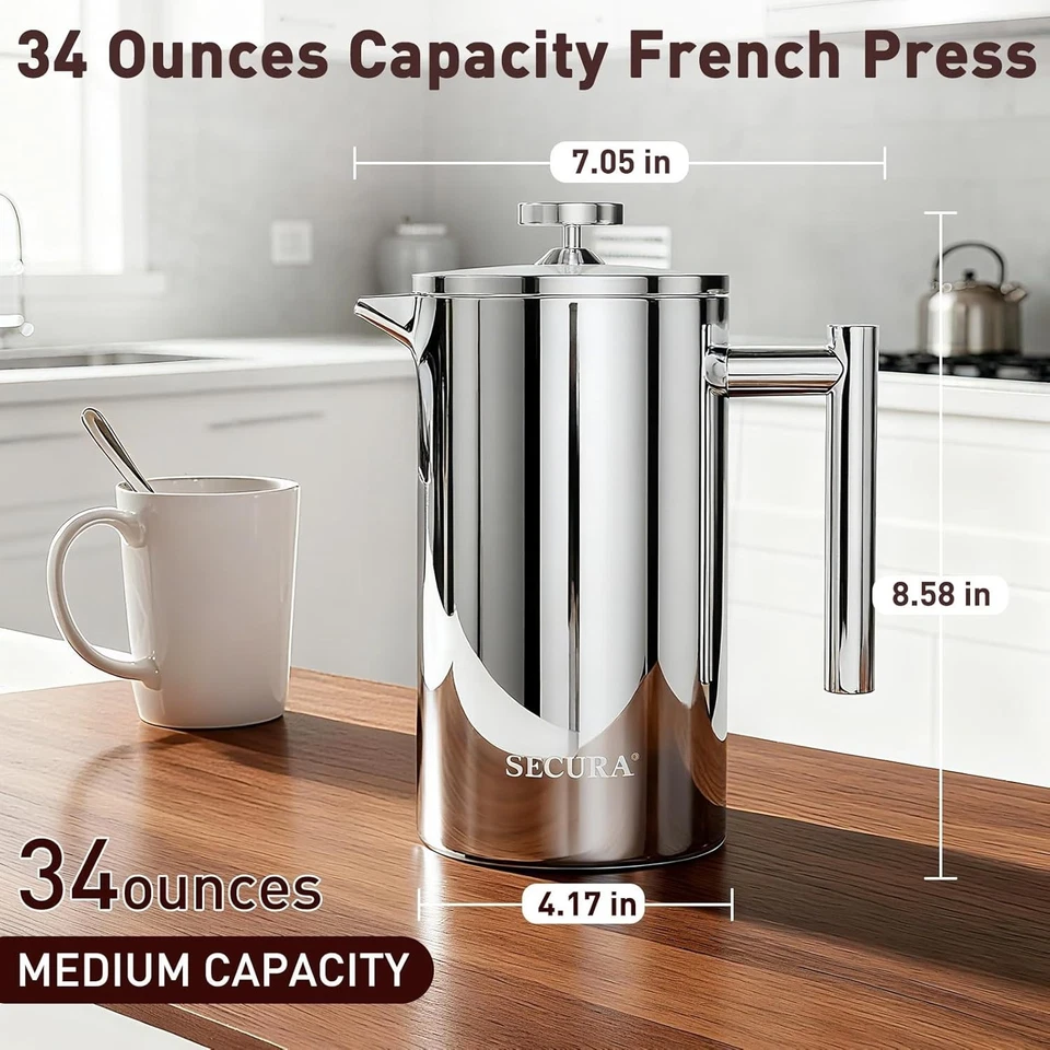 Cafetera prensa francesa aislada - Acero inoxidable 1L con filtro reutilizable Foto 4 de 4