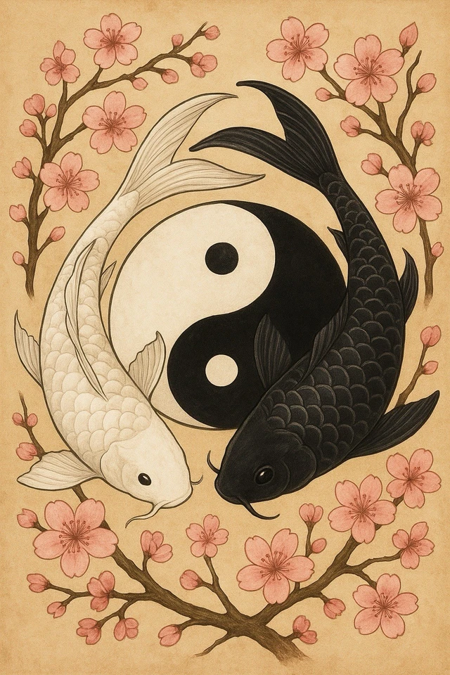 Póster con impresión de arte de pared Yin-Yang Koi peces armonía y flor de cerezo-24x36-sin marco Foto 2 de 3