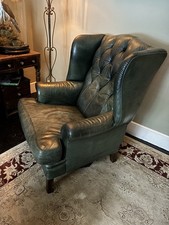 Vintage Green Leather Chesterfield Wingback Club Chair