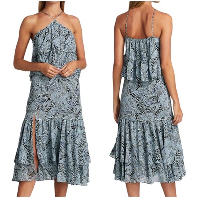 Cinq à Sept NWT Colette Tiered Ruffle Midi Dress Rain Cloud Size 8 Blue Black 
