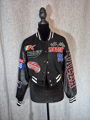 Size Medium Red Fox Black Cropped Racing Varsity Jacket Faux Leather Sleeves