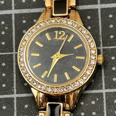 Accutime Watch Corp Womens Gold Tone Rhinestone Black Dial Analog Quartz Watch