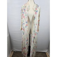 Vintage Floral Long Robe Cream Pink Blue Nylon Duster Housecoat Medium 8586F