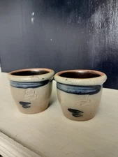Pair Of 2 Vintage Rowe Pottery 1988 Stoneware Salt Glazed Crocks Blue Decoration