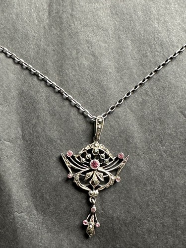 Gorgeous Antique Sterling Silver Victorian Necklace - Pendant w Marcasite stones - Picture 5 of 6