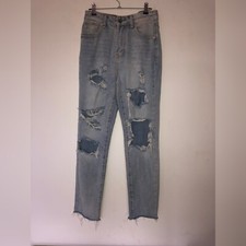 Nasty Gal Denim Wide Leg Oversize Distressed Hem Light Wash Ripped Knees Jeans 