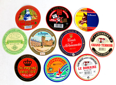 SET 10 ETIKETTEN SCHACHTEL KÄSE CAMEMBERT LIVAROT COULOMIER, NORMAND CHEESE LABEL