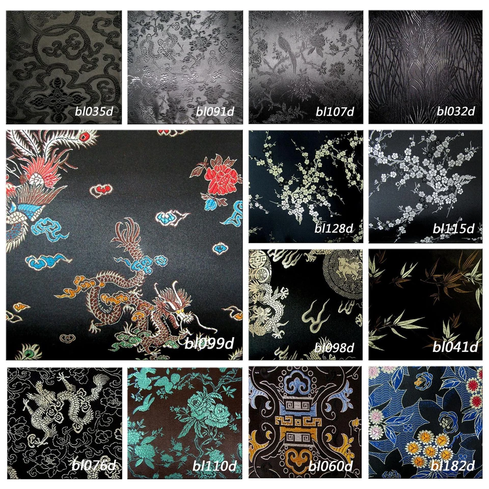 Faux Silk Brocade (Black Background) Jacquard Damask Kimono Fabric Material BL24 - Image 2 of 4