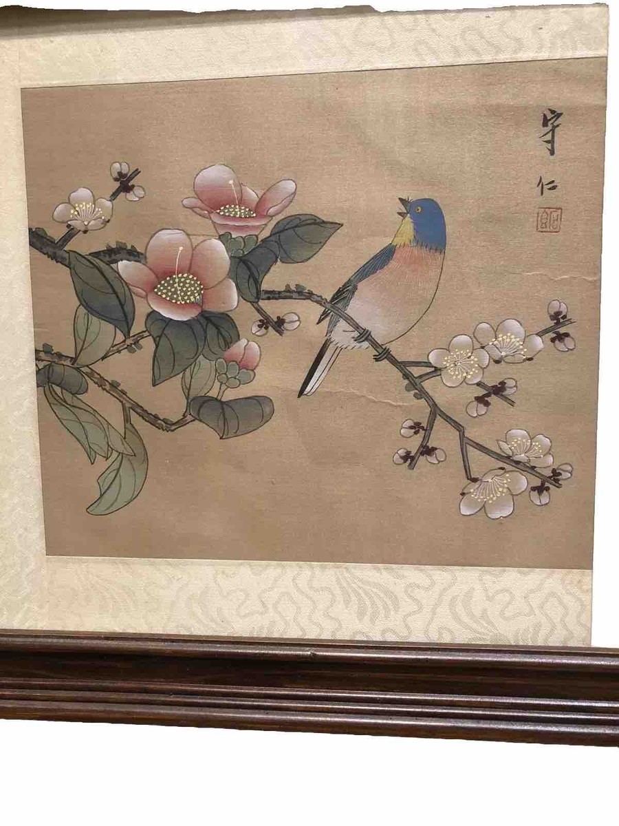 Rosemary Bird作 アボリジニアート Hummingbird & Rose of Sharon (10x10 oil painting on linen