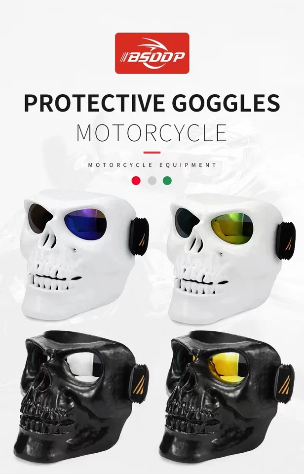 Motorcycle Face Shield Helmet skull Mask Goggles Dust-proof Black White - Image 2 of 4