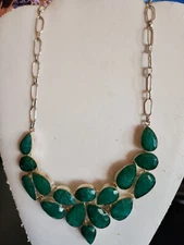  SILVER 925 Big Bib NECKLACE REAL EMERALD CORUNDUM Stones 18"  NWOT