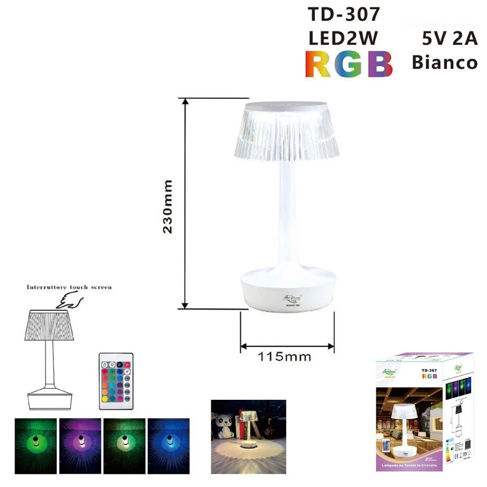 LAMPADA TAVOLO EFFETTO CRISTALLO RICARICABILE USB LUCE RGB LED BIANCA TD-307 - Immagine 2 di 4
