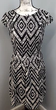 AB Studio Fit & Flare Dress Women's 12 Black White Geometric Cap Sleeve Back Zip