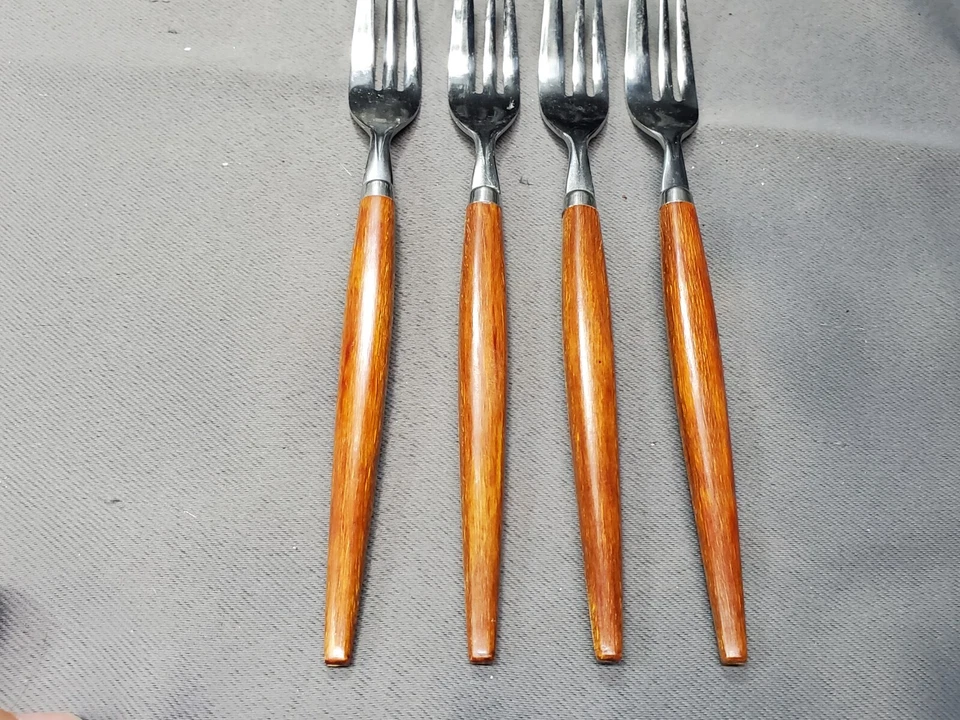 Set of 4 MCM Dutch Holland Stainless Pastry Fork Teak Wood Handle - Image 4 of 4