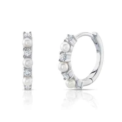 14K Weißgold Natürlicher Diamant Und Perlen Huggie Ohrringe 0,14 CT - Bild 1 von 4