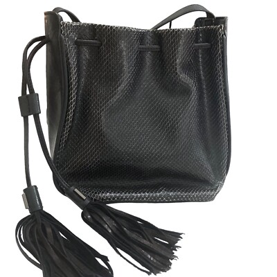 BOTKIER Crossbody Leather Bucket Bag Black Snake Embossed Tassel Drawstring