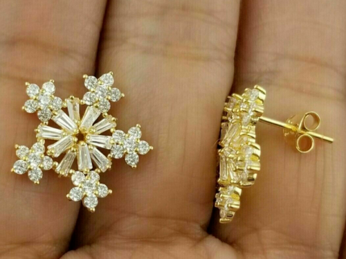 Snowflake Stud Earring 2Ct Baguette Lab Created Diamond 14K Yellow Gold Plated - Afbeelding 1 van 4