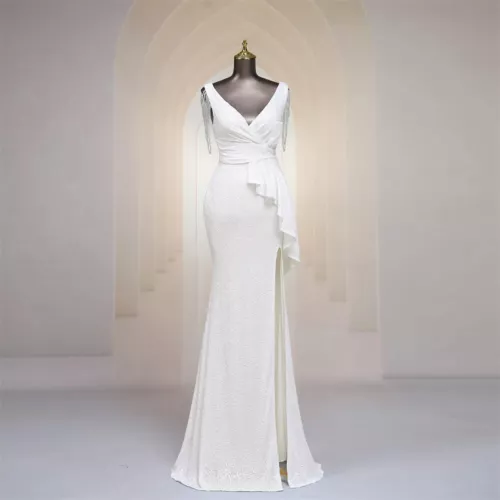 Evening Dress Tassel V Neck Ruffles High Split Women Sequin Long Prom Party Gown - Picture 12 of 30