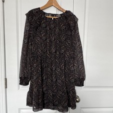 MANGO Brown Blue Paisley Chiffon Mini Dress Ruffle Long Sleeve Round Neck Size M