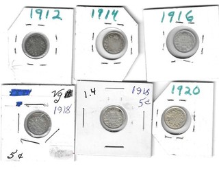 A#14 Canada Silver 5 Cents George V 6 coins