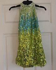 Revolution Dancewear Green/Blue/Silver Sequin Dance Dress. Size child large